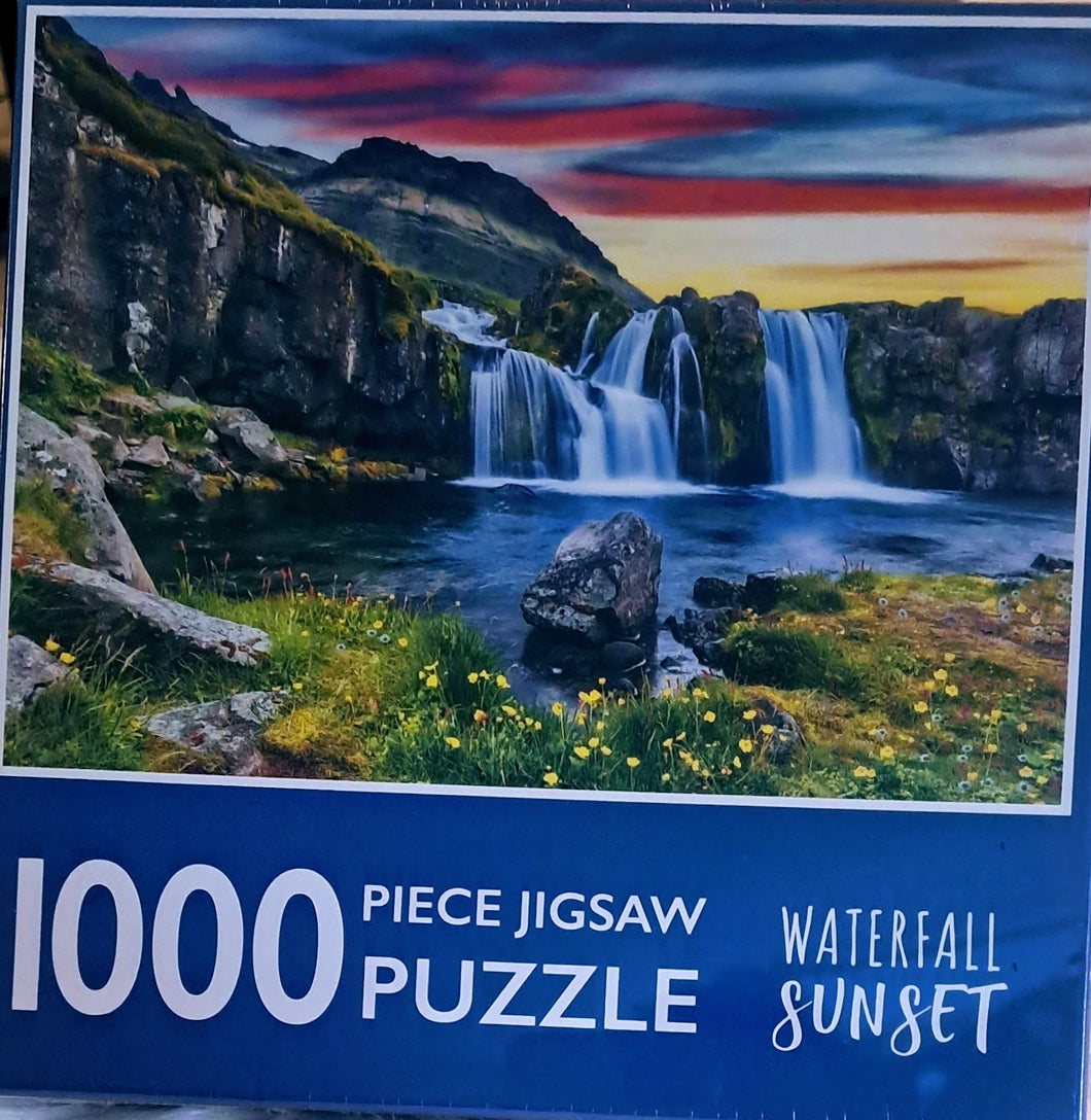 1000 piece jigsaw Puzzle. Waterfall sunset